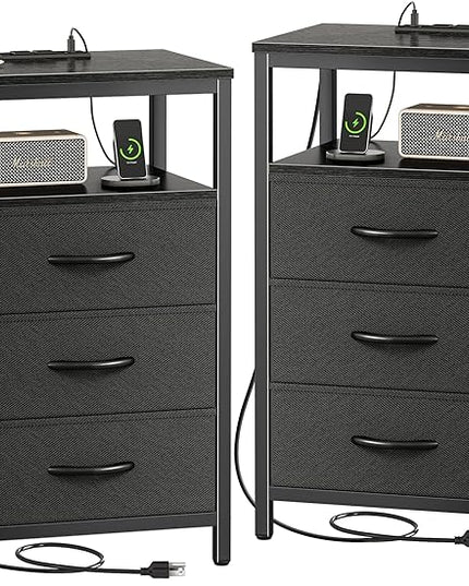 Nightstands Set of 2, 27.6 Inch End Tables with Charging Station, Side Tables with Fabric Drawers, Bedside Tables with USB Port and Outlet, Night Stands for Bedroom, Black - LeafyLoom