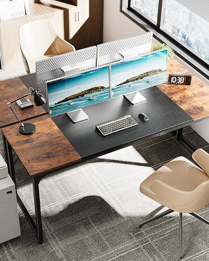 Computer Desk, 70 Inch Office Desk, Gaming Desk with Storage, Writing Desk Work Desk for Home Office, Study, Long Simple Desk, Large Legroom, Metal Frame, Rustic Brown and Black - LeafyLoom