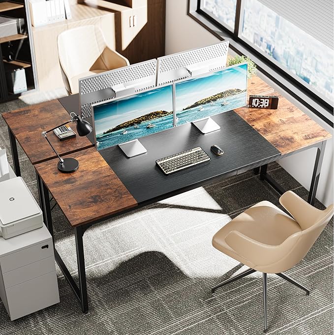 Computer Desk, 70 Inch Office Desk, Gaming Desk with Storage, Writing Desk Work Desk for Home Office, Study, Long Simple Desk, Large Legroom, Metal Frame, Rustic Brown and Black - LeafyLoom