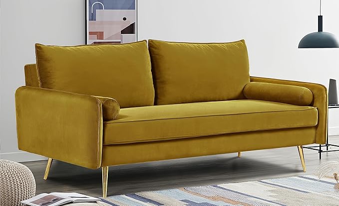 Kent Modern Sofa, European Style Velvet Living Room Furniture with Tapered Legs, Vintage Flair, and Sleek Design, Greenish Yellow - LeafyLoom