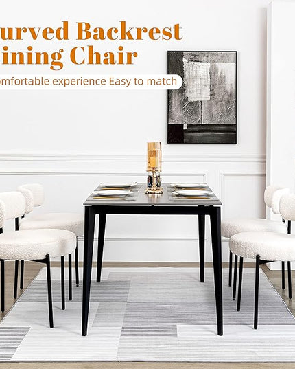 DYHOME Dining Chairs, White Boucle Dining Chairs Set of 2, Kitchen Dining Room Chairs Curved Backrest Upholstered Mid Century Modern Dining Chairs with Black Metal Legs - LeafyLoom