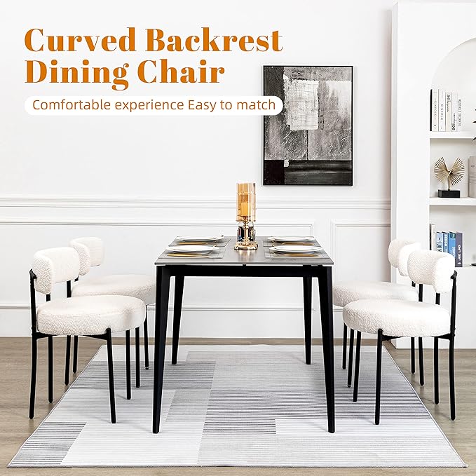 DYHOME Dining Chairs, White Boucle Dining Chairs Set of 2, Kitchen Dining Room Chairs Curved Backrest Upholstered Mid Century Modern Dining Chairs with Black Metal Legs - LeafyLoom