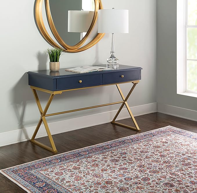 Linon Campaign Desk Navy with Gold Legs, Blue - LeafyLoom