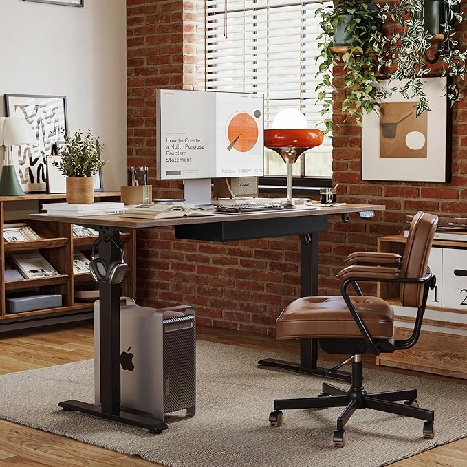 Adjustable Height Electric Standing Desk with Storage Wooden Drawer, 55 x 24 Inches Stand Up Home Office Computer Gaming Table for Work Office Home, Rustic Brown - LeafyLoom