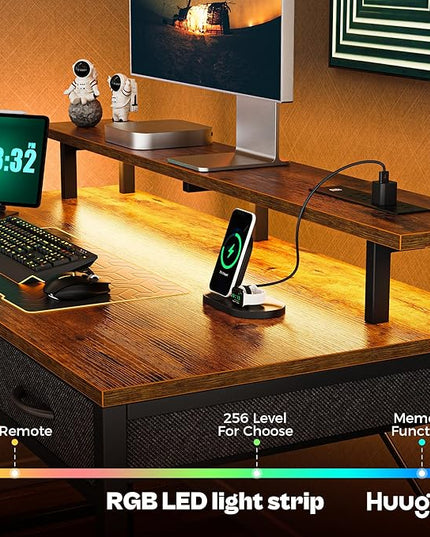 47 inch Computer Desk with 3 Drawers, Office Desk Gaming Desk with LED Lights & Power Outlets, Home Office Desks with Storage Space for Bedroom, Work from Home, Rustic Brown - LeafyLoom