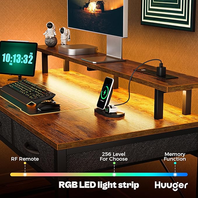 47 inch Computer Desk with 3 Drawers, Office Desk Gaming Desk with LED Lights & Power Outlets, Home Office Desks with Storage Space for Bedroom, Work from Home, Rustic Brown - LeafyLoom