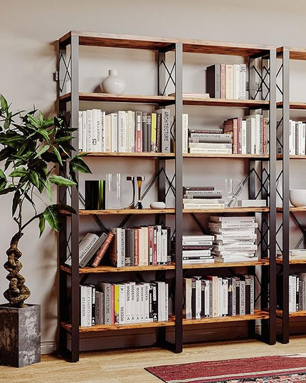 IRONCK Bookshelf Double Wide 6-Tier 76" H, Open Large Bookcase, Industrial Style Shelves, Wood and Metal Bookshelves for Home Office, Easy Assembly - LeafyLoom