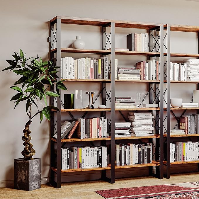IRONCK Bookshelf Double Wide 6-Tier 76" H, Open Large Bookcase, Industrial Style Shelves, Wood and Metal Bookshelves for Home Office, Easy Assembly - LeafyLoom