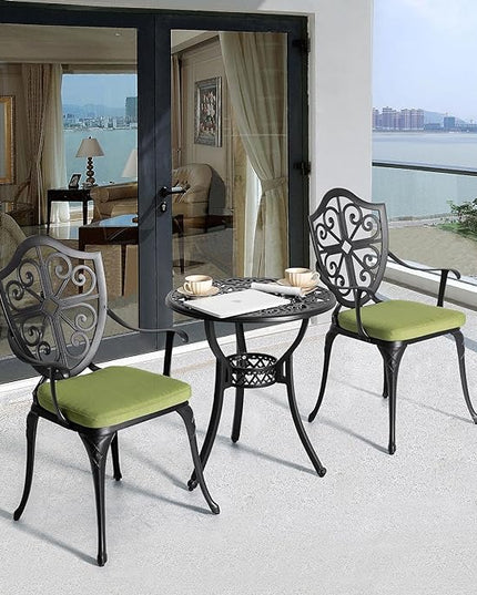 NUU GARDEN 3 Piece Outdoor Bistro Set Cast Aluminum Patio Set Bistro Table Set Rustproof Patio Table and Chairs with Umbrella Hole and Green Cushions for Backyard, Balcony, Porch, Black - LeafyLoom