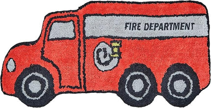 Hand Tufted Firetruck Bedroom or Bathroom Rug - 15x30 in; 100% Cotton Kids Bathroom Mat; Decorative Kids Area Rug - LeafyLoom