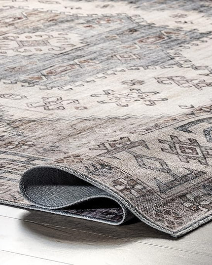 nuLOOM Emani Machine Washable Medallion Ultra Thin Area Rug, 5' x 8', Beige - LeafyLoom