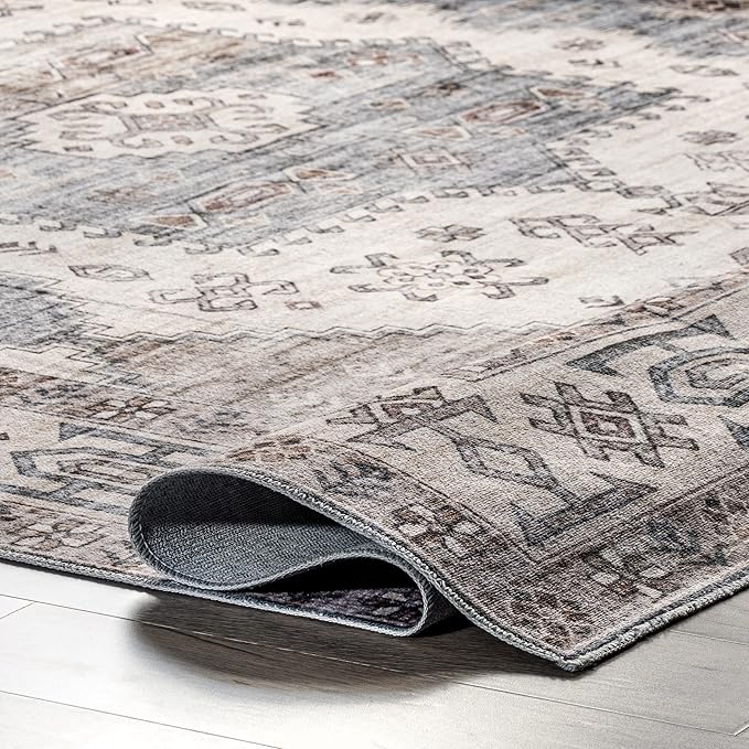 nuLOOM Emani Machine Washable Medallion Ultra Thin Area Rug, 8' x 10', Beige - LeafyLoom