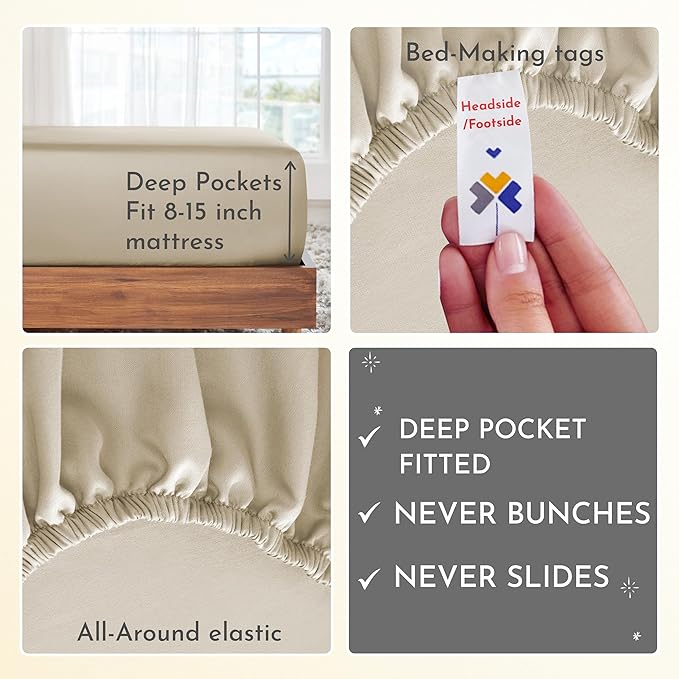 California Design Den Beige Twin XL Sheets Set, 400 Thread Count 100% Cotton Sateen - Soft, Breathable & Cooling Beige Sheet, 3-Pc Deep Pocket Bed Sheets - Beige - LeafyLoom