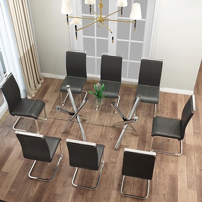 Dining Chairs Set, Kitchen Modern Metal Chairs with Faux Leather Padded Seat High Back and Sturdy Chrome Legs, Chairs for Dining Room (Grey, Set of 8) - LeafyLoom