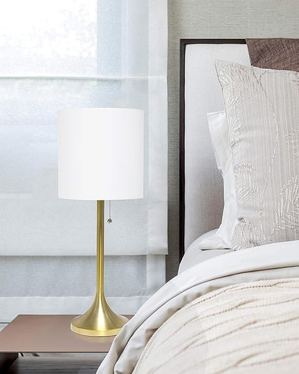 Simple Designs LT1076-GDW Tapered Fabric Drum Shade Table Lamp, Gold and White, 8 x 8 x 21 - LeafyLoom