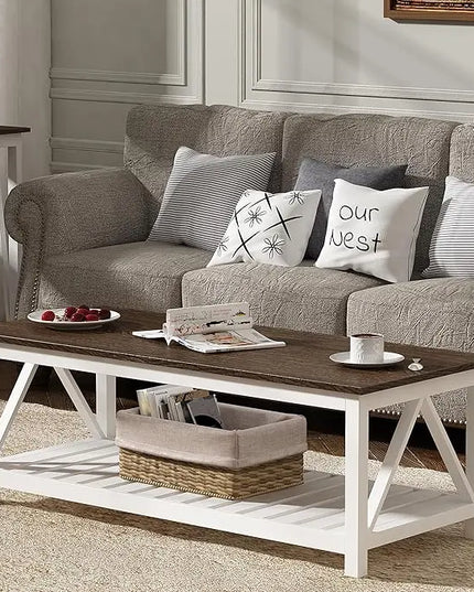 ChooChoo Farmhouse Coffee Table, Rustic Vintage Living Room Table with Shelf, 47 White - LeafyLoom