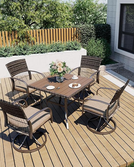 Pamapic 5 Piece Outdoor Dining Set, Rattan Outdoor Patio Furniture Set for Deck Backyard with Plastic-Wood Outdoor Dining Table, 4 Swivel Outdoor Dining Chairs and Removable Cushions (Beige) - LeafyLoom