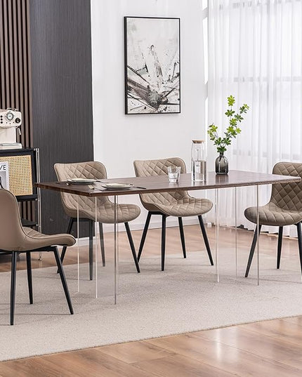 YOUTASTE Khaki Dining Chairs Set of 2 Mid Century Modern PU Leather Diamond Upholstered Accent Guest Dinner Chair with Back Metal Legs for Kitchen Living Reception Waiting Room - LeafyLoom