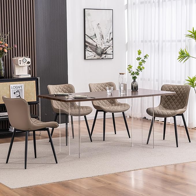 YOUTASTE Khaki Dining Chairs Set of 2 Mid Century Modern PU Leather Diamond Upholstered Accent Guest Dinner Chair with Back Metal Legs for Kitchen Living Reception Waiting Room - LeafyLoom