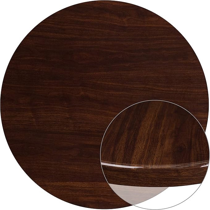 Flash Furniture Glenbrook 48'' Round High-Gloss Walnut Resin Table Top with 2'' Thick Drop-Lip - LeafyLoom