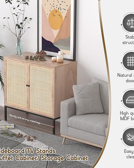 XIAO WEI Set of 3 Sideboard with Handmade Natural Rattan Doors, Rattan Cabinet Console Table Storage Cabinet Buffet Cabinet, for Kitchen, Living Room, Dining, Entryway, - LeafyLoom