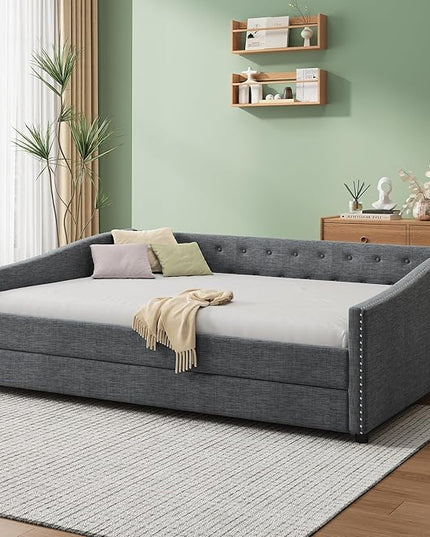 Full Daybed Frame with Trundle,Upholstered Sofa Bed W/Button & Nailhead Tufted Design,Wood Slats Support,Saving Space,Linen Fabric Bedframe for Living Room Bedroom Apartment,Dark Gray - LeafyLoom