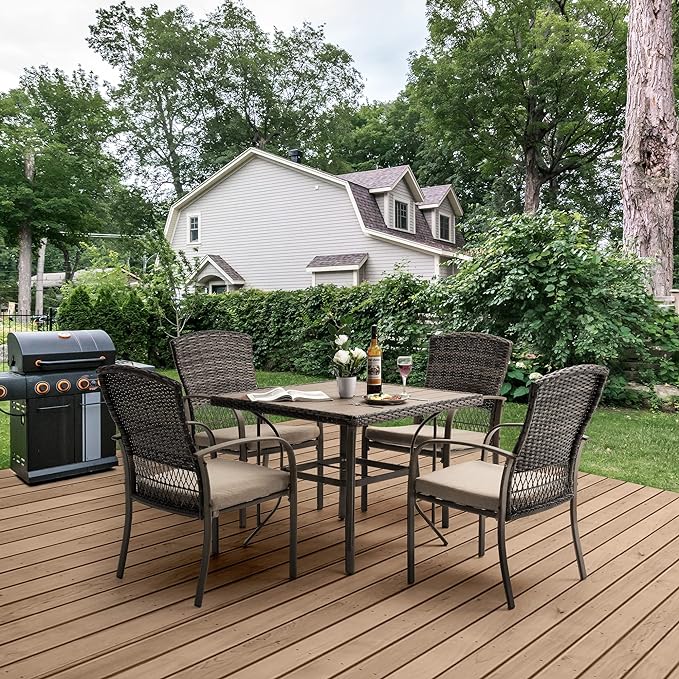 Patio Dining Set for 4, 5PCS Patio Table & Chair Set,Plastic-Wood Table Top with 1.6" Umbrella Hole, All-Weather Wicker Patio Dining Furniture with Removable Cushions for Deck, Lawn, Garden(Beige) - LeafyLoom