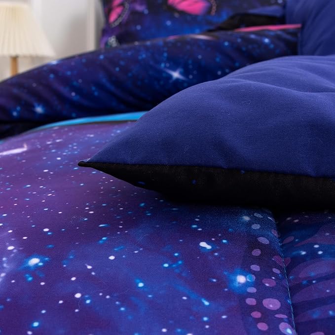 Btargot 3 Piece Butterfly Pattern Girls Comforter Set with 2 Pillow Covers, Galaxy Outer Space Printed Bedding Set for Women, Queen Purple Blue - LeafyLoom