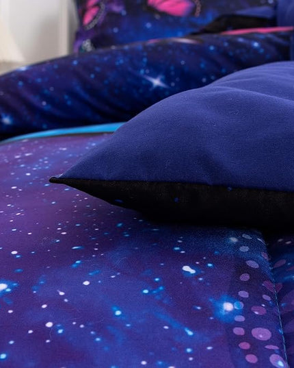 Btargot 3 Piece Butterfly Pattern Girls Comforter Set with 2 Pillow Covers, Galaxy Outer Space Printed Bedding Set for Women, Full Purple Blue - LeafyLoom