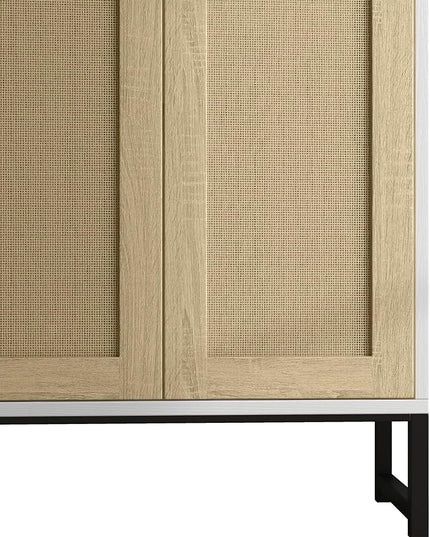 Panana Sideboard Accent Storage Cabinet with Rattan Decorated 4 Doors Dining Room Freestanding Kitchen Buffet Table Cupboard (White) - LeafyLoom
