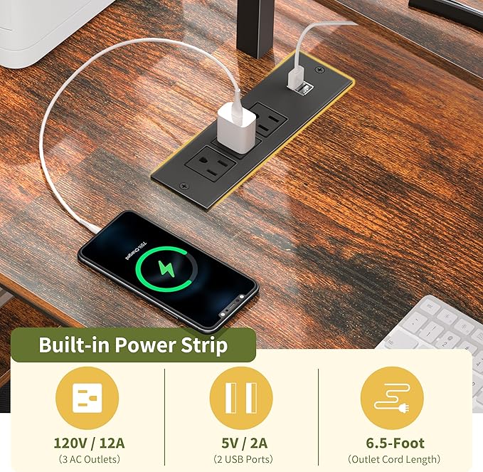 Yoobure Computer Desk, Office Desk with LED Lights & Power Outlets, Gaming Desk with Fabric File Cabinet, 55.1" Home Office Desks, Writing Desk with Drawers, Computer Table with Long Monitor Stand - LeafyLoom