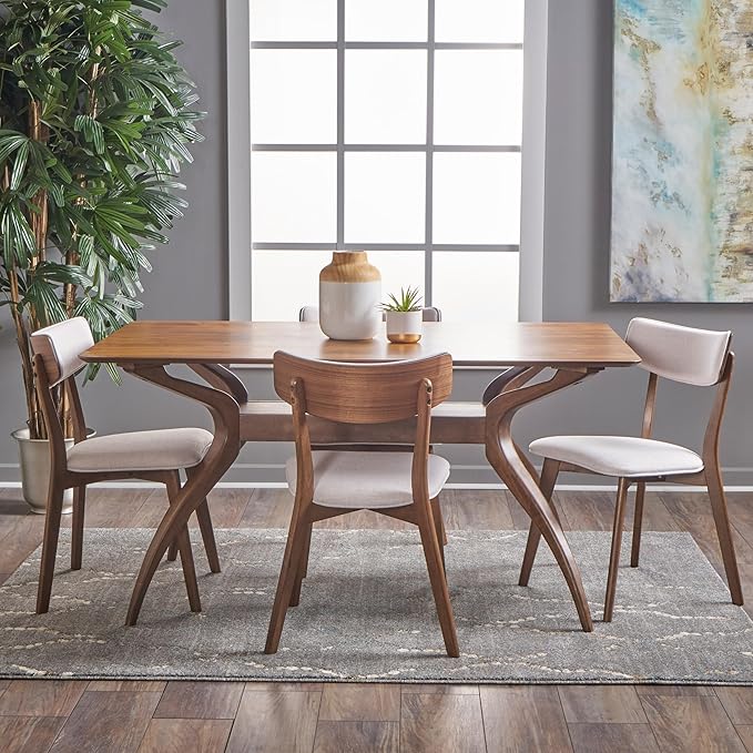 Christopher Knight Home Nissie Mid-Century Wood Dining Set with Fabric Chairs, 5-Pcs Set, Natural Walnut Finish / Light Beige - LeafyLoom