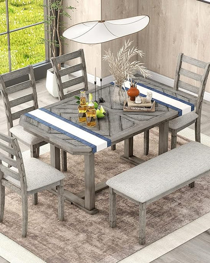 Merax 6-Piece Rubber Wood Dining Table Set with 4 Cushioned Chairs and Bench, Beautiful Grain Pattern Tabletop, 60 x 36 x 30.3 inch, Light Gray - LeafyLoom