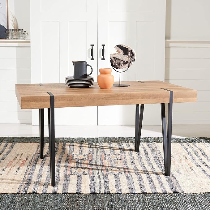 SAFAVIEH Home Collection Alyssa Mid-Century Rustic Industrial Brown Dining Room Table DTB7000D, 0, Natural/Black - LeafyLoom