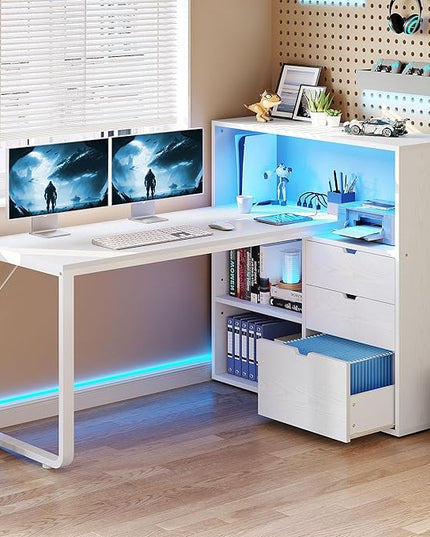 YITAHOME L Shaped Desk with Power Outlets & LED Lights & File Cabinet, 55" Corner Computer Desk with 3 Drawers & 3 Storage Shelves, Home Office Desk with Bookshelf, White - LeafyLoom