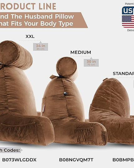 Husband Pillow XXL Chocolate Backrest with Arms - Adult Reading Pillow Shredded Memory Foam, Ultra-Comfy Removable Microplush Cover & Detachable Neck Roll, Unmatched Support Bed Rest Sit Up Pillow - LeafyLoom