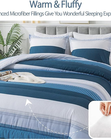 Andency Stripe Comforter Set Queen Size (90x90 Inch), 3 Pieces Navy Patchwork Striped Comforter, Soft Microfiber Down Alternative Comforter Bedding Set with Corner Loops - LeafyLoom