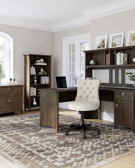 Bush Furniture Salinas L-Shaped Desk with Storage | Study Table with Drawers & Cabinets | Home Office Computer Desk in Ash Brown - LeafyLoom