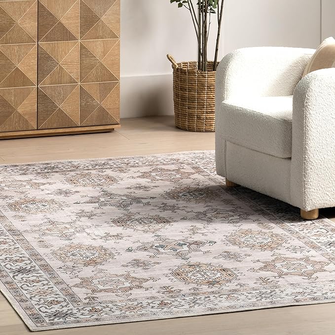 nuLOOM Finley Machine Washable Vintage Distressed Ultra Thin Area Rug, 8' x 10', Ivory - LeafyLoom
