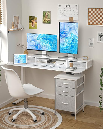 55 Inch Electric Standing Desk with Cabinet & Drawers, Height Adjustable Sit Stand Desk with Monitor Shelf, Smart Home Office Standing Computer Desk, White - LeafyLoom