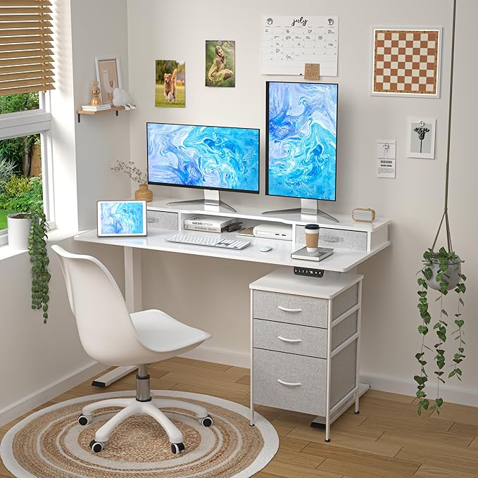 55 Inch Electric Standing Desk with Cabinet & Drawers, Height Adjustable Sit Stand Desk with Monitor Shelf, Smart Home Office Standing Computer Desk, White - LeafyLoom