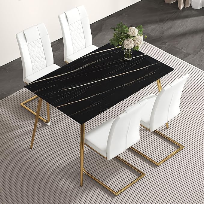 NicBex Modern Minimalist Rectangular Black Imitation Marble Dining Table 0.3 Inches Thick Gold Color Metal Legs Suitable for Kitchen, Dining Room, and Living Room, Black - LeafyLoom