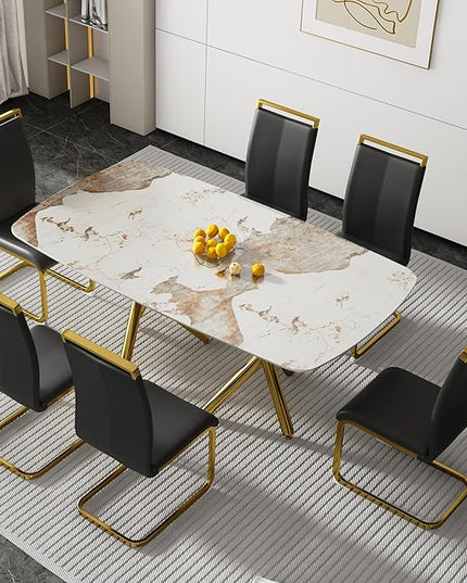 NicBex Modern Minimalist Rectangular Dining Table with A 0.39-Inch Imitation Marble Tabletop and Gold-Plated Metal Legs for Kitchen Dining Living Meeting Room Banquet Hall, White Marble + Gold - LeafyLoom