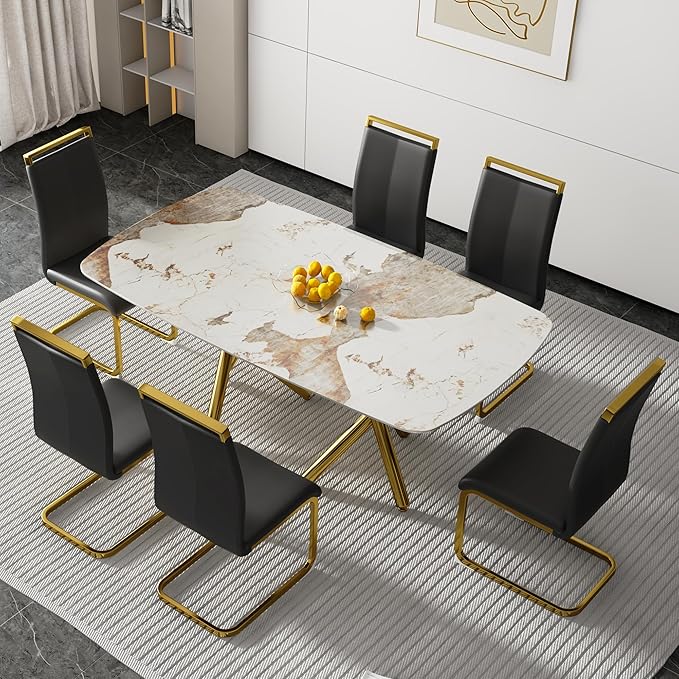 NicBex Modern Minimalist Rectangular Dining Table with A 0.39-Inch Imitation Marble Tabletop and Gold-Plated Metal Legs for Kitchen Dining Living Meeting Room Banquet Hall, White Marble + Gold - LeafyLoom