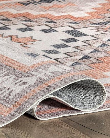 nuLOOM Leighton Machine Washable Southwestern Medallion Ultra Thin Area Rug, 5' x 8', Peach - LeafyLoom