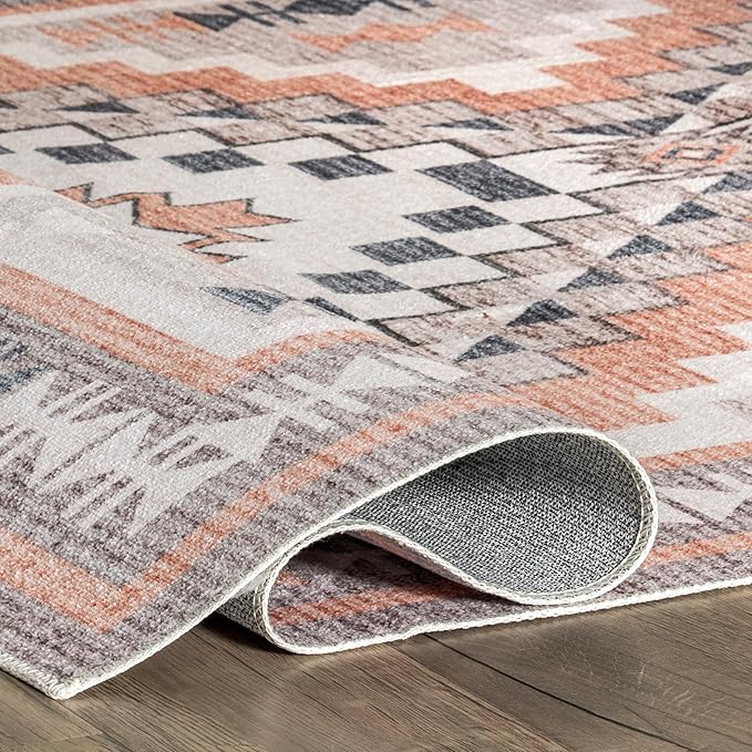 nuLOOM Leighton Machine Washable Southwestern Medallion Ultra Thin Area Rug, 5' x 8', Peach - LeafyLoom