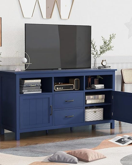 57 Inch TV Stand, Modern Television Stands with 2 Doors, 2 Drawers and Open Style Cabinet, Entertainment Center/Sideboard with Ample Storage Space for Living Room and bedroom, Navy - LeafyLoom
