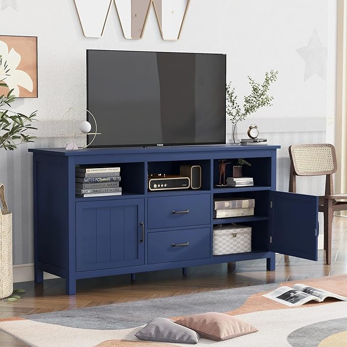 57 Inch TV Stand, Modern Television Stands with 2 Doors, 2 Drawers and Open Style Cabinet, Entertainment Center/Sideboard with Ample Storage Space for Living Room and bedroom, Navy - LeafyLoom