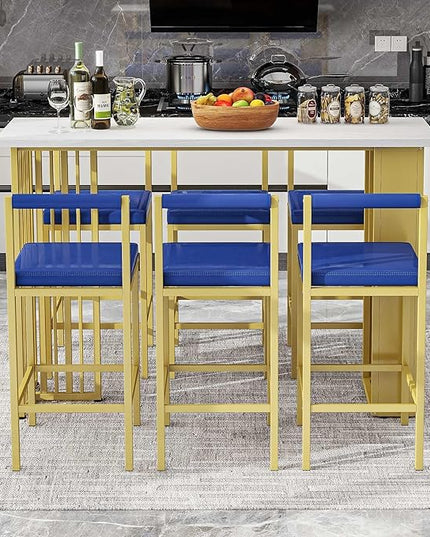 7-Piece Multi-Functional Modern Counter Height Dining Bar Table Set with Open Shelves and 6 Upholstered Stools with Gold Metal Frame for Home Pub Kitchen Room (White+Blue) - LeafyLoom