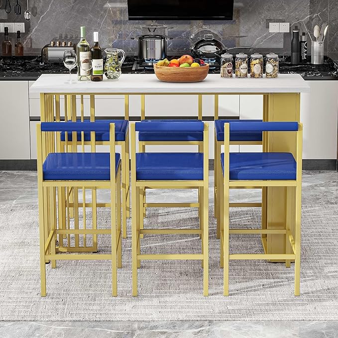 7-Piece Multi-Functional Modern Counter Height Dining Bar Table Set with Open Shelves and 6 Upholstered Stools with Gold Metal Frame for Home Pub Kitchen Room (White+Blue) - LeafyLoom